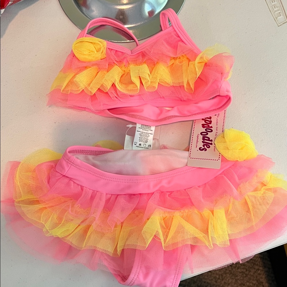Flapdoodles Pink and Yellow Ruffle Bikini Set